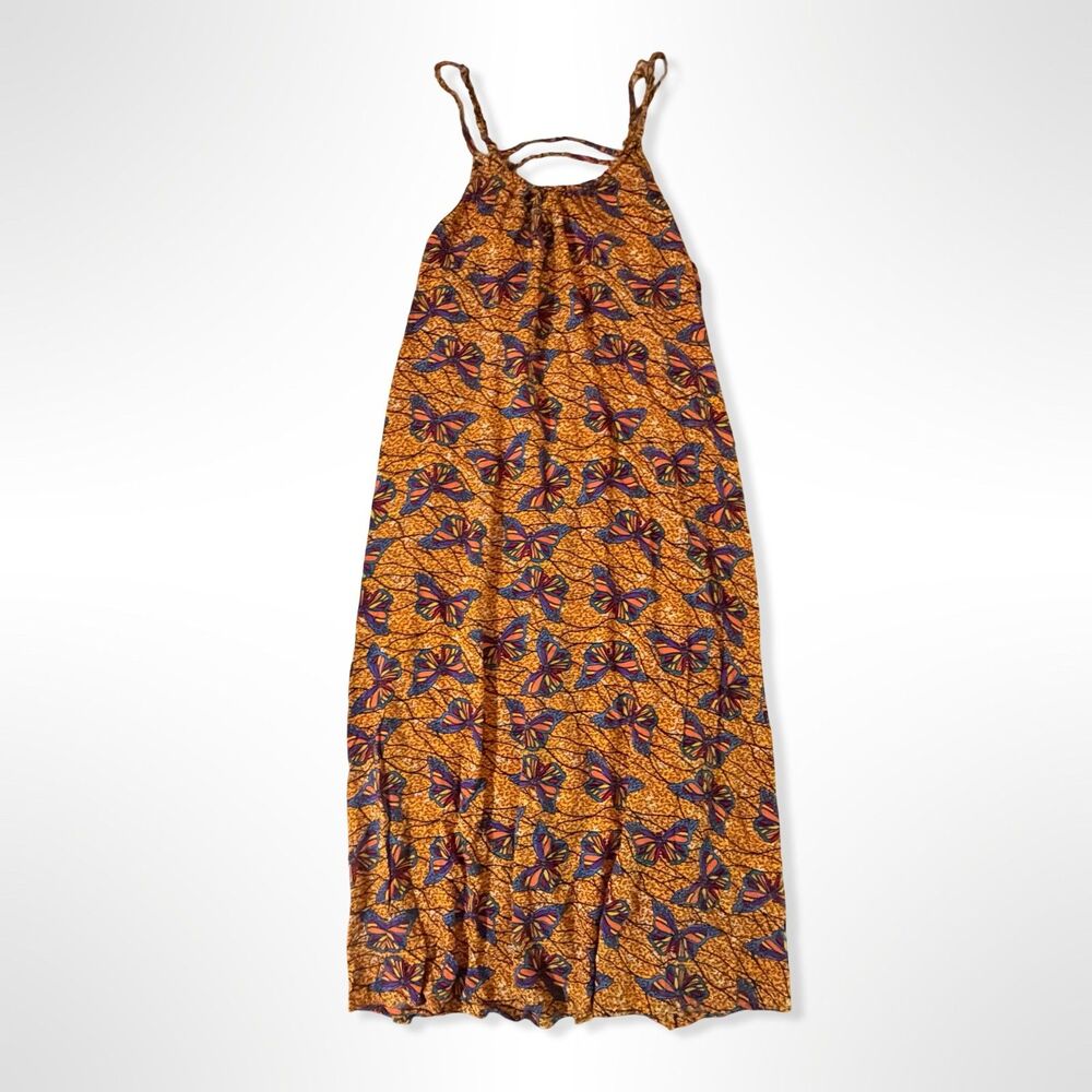 Chance R, Orange Strappy Back Butterfly Maxi Dress, 1X Summer Boho Relaxed